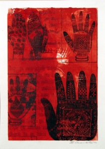 Mehndi Hands - red (unique screen print on monotype)