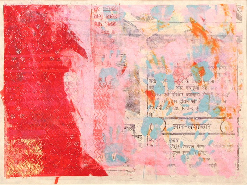 Hand Prints - Pink Wall (unique screen print on collage 52 x 38 cms)