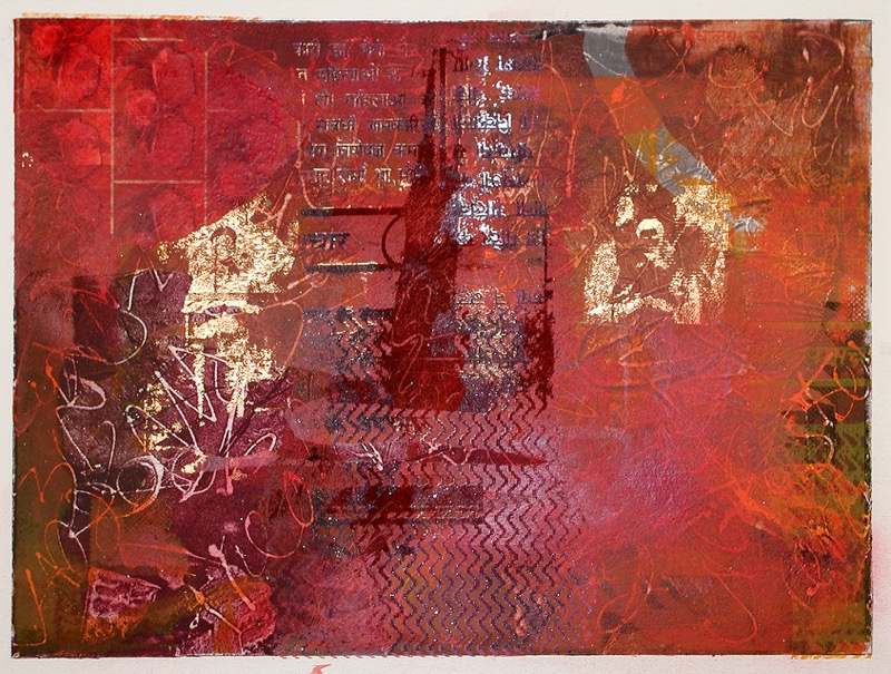 Tourist - red (unique screen print on collograph/collage 52 x 38 cms)